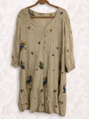 Beige Floral V-Neck Women’s Dress with Blue Accents XL